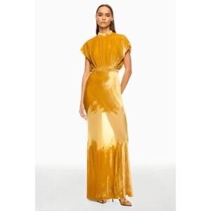 SALONI Fabienne Yellow Gold Rayon Silk Maxi Dress Gown, Size US 4 Retail $975